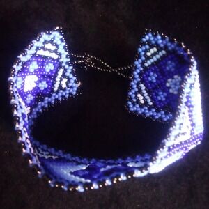 Handmade Blue White Geometric Seed Bead Wide Cuff Bracelet Boho Tribal Style